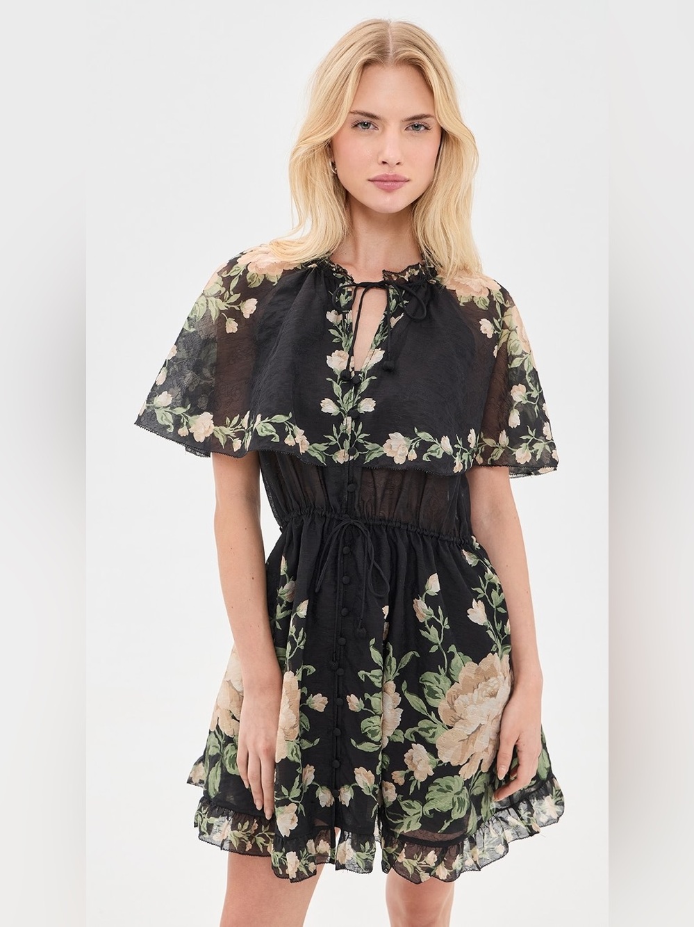 Sea Christina Print Mini Dress Sheer Black Floral Tie-Neck Mini Dress, XS S M L